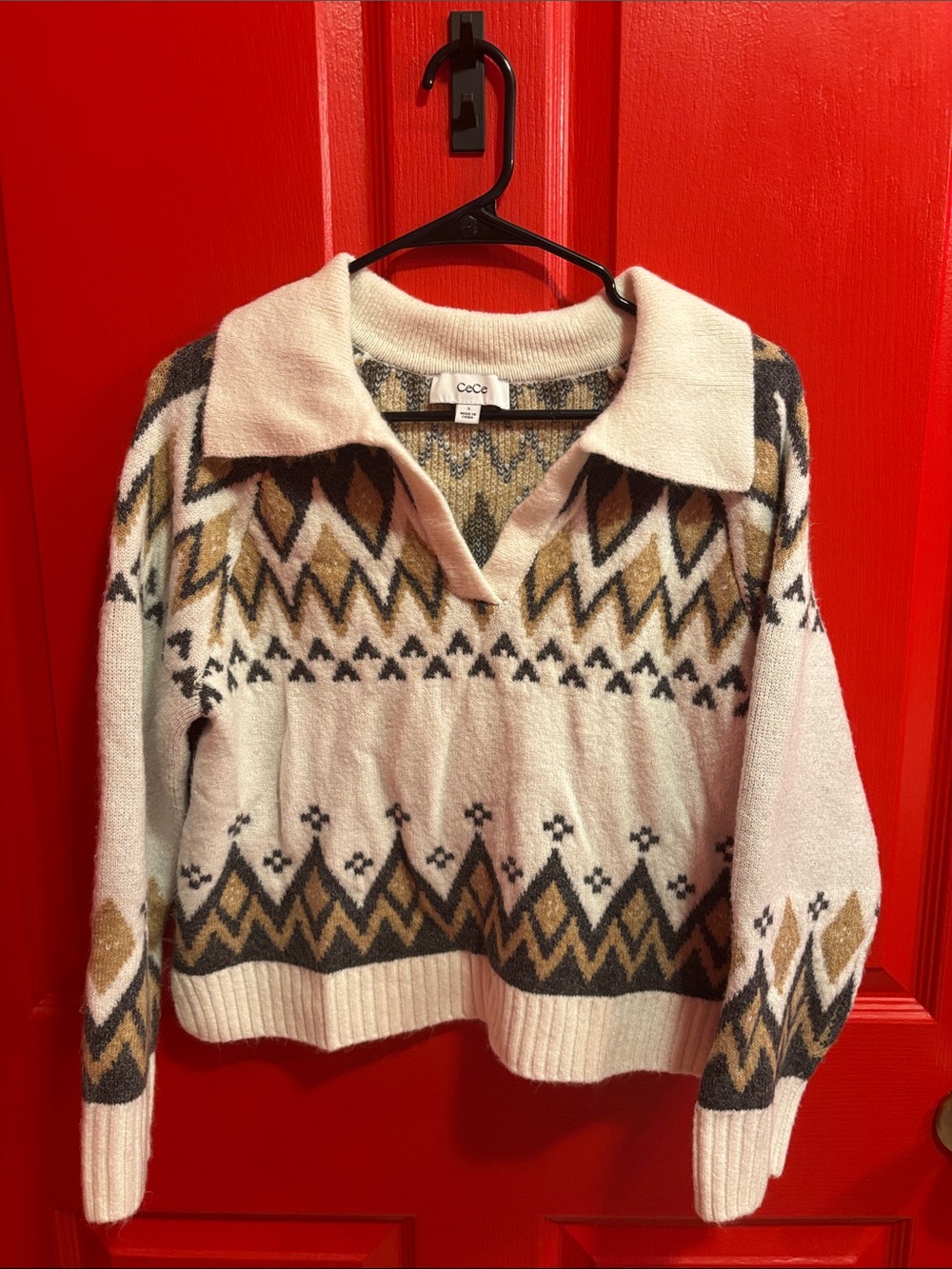 CeCe Fair Isle V-Neck Collared Sweater in Cream, Brown & Gray